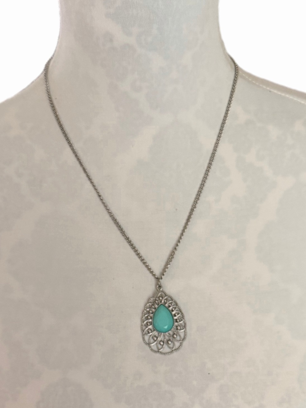 Silver Tone Filigree Teardrop Turquoise Blue Pendant Necklace | Boho Western